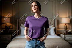 Woman wearing purple t shirt and denim shorts image Product Image 1