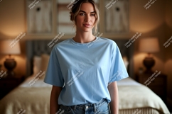 Woman wearing light blue t shirt and jeans t-shirt Product Image 1