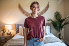 Woman wearing maroon t shirt and denim shorts image Product Image 1