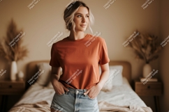 Woman wearing terracotta t shirt and denim sh Product Image 1