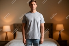 Man wearing grey t-shirt and denim shorts Product Image 1
