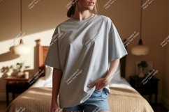 Woman wearing grey t shirt and denim shorts image Product Image 1