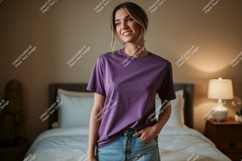 Woman wearing purple t-shirt and jeans Product Image 1