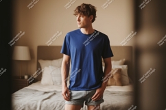 Man wearing blue t shirt and grey shorts t-shirt Product Image 1