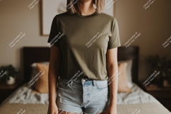 Olive green tee denim shorts mockup apparel clothing Product Image 1