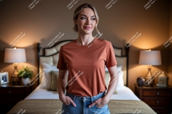 Woman wearing terracotta t shirt and denim jeans image Product Image 1