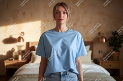 Woman wearing light blue t shirt mockup Product Image 1