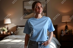 Woman wearing light blue t shirt casual Product Image 1