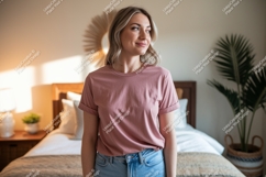 Woman wearing pink t shirt jeans Product Image 1