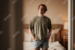 Man Wearing Olive TShirt Denim Shorts Product Image 1