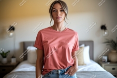 Woman Wearing Coral T Shirt denim Product Image 1