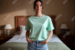 Woman wearing mint t shirt and denim shorts image Product Image 1