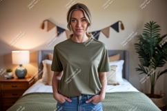 Woman wearing olive green t shirt mockup Product Image 1