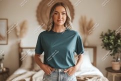 Woman wearing teal t shirt and denim image Product Image 1