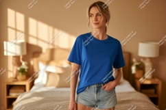 Woman wearing blue t shirt denim shorts image Product Image 1