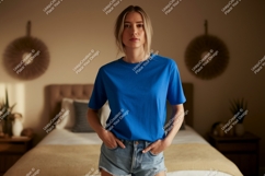 Woman wearing blue shirt and denim shorts image Product Image 1