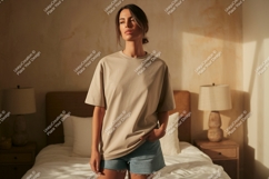 Woman wearing beige t shirt and denim shorts t-shirt Product Image 1