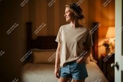 Woman wearing beige t shirt and denim shorts image Product Image 1