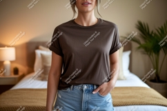 Woman wearing brown t shirt and denim shorts image Product Image 1