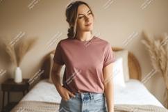 Woman wearing dusty rose t shirt and denim shorts image Product Image 1