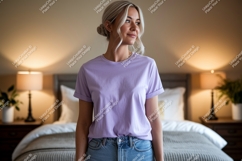 Woman wearing lavender t shirt and jeans image Product Image 1