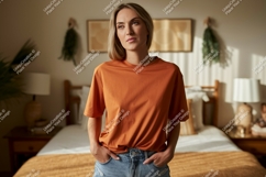 Woman wearing orange t shirt and jeans image Product Image 1