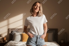 Woman wearing white t-shirt denim shorts image Product Image 1
