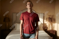 Young man wearing maroon t shirt and denim shorts image Product Image 1