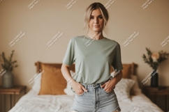 Woman wearing green t shirt and denim shorts image Product Image 1