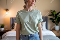 Woman wearing mint green t shirt and blue jeans image Product Image 1