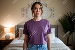 Woman wearing purple t-shirt and jeans in bed Product Image 1