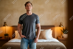 Man wearing grey t shirt and denim shorts image Product Image 1