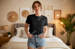 Woman wearing black t-shirt and denim shorts image Product Image 1