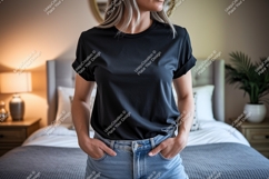 Woman wearing black t shirt and denim jeans image Product Image 1