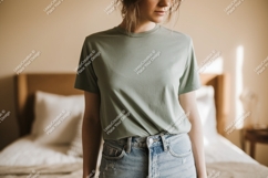 Woman wearing green t shirt and denim jeans image Product Image 1