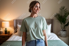 Woman wearing light green t shirt and blue jeans image Product Image 1