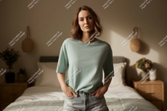 Woman wearing casual t shirt and denim shorts t-shirt Product Image 1