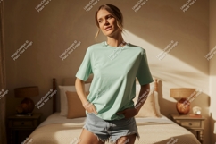 Woman wearing mint t-shirt and denim shorts image Product Image 1