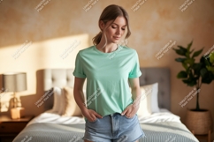 Woman wearing mint green t shirt and denim sh Product Image 1