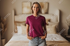 Woman wearing magenta t shirt and denim short Product Image 1