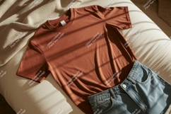 Terracotta shirt and denim shorts mockup clothing Product Image 1