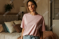 Woman wearing pink t shirt and jeans image Product Image 1