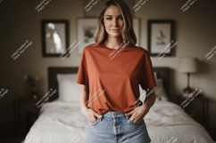 Woman wearing terracotta t shirt and denim shorts t-shirt Product Image 1