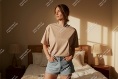 Woman wearing plain t shirt and denim shorts image Product Image 1