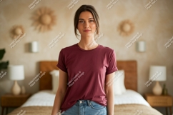 Woman wearing maroon t shirt jeans Product Image 1