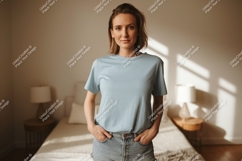 Woman wearing light blue t shirt and denim shorts image Product Image 1