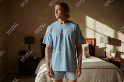 Man wearing light blue t shirt and shorts Product Image 1