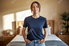 Woman wearing dark blue t shirt and denim shorts image Product Image 1