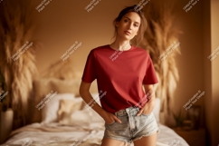 Woman wearing red t shirt and denim shorts Product Image 1