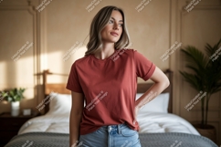Woman wearing terracotta t-shirt and jeans casual Product Image 1